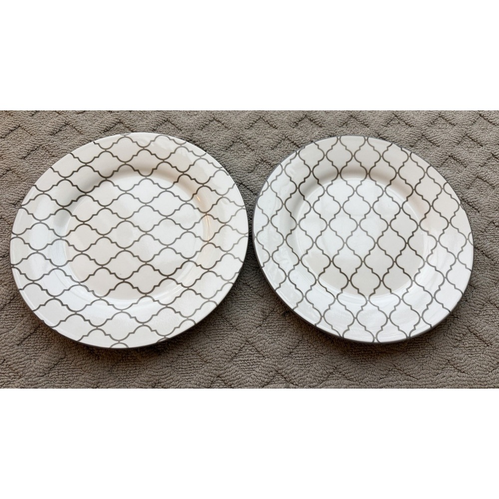 Baum Bros. Moroccan White & Grey Stoneware Pattern 11" Dinner Plates Set‎ Of 4
